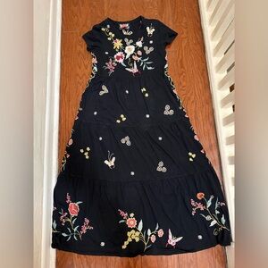 Black floral embroidered Johnny Was suki maxi dress XS